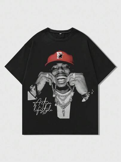 Street Life Men's Portrait Print Short Sleeve T-Shirt, Suitable For Everyday Wear Spring/Summer, 2000s Style