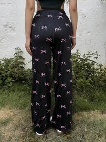 SHEIN Teen Girl Casual Minimalist Comfy Mid-Rise Bow Decor Sweatpants