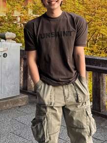 DAZY Camiseta casual de hombre con estampado de letra, verano - Marrón - Ver 3