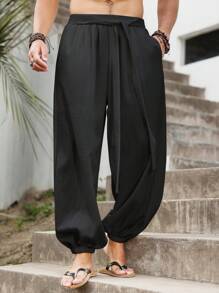 Manfinity RSRT Men's Wide Leg Loose Casual Pants, Bohemian Nepal Retro Style Trousers Harem Pants Japanese Pants Black Baggy Pants Balloon Pants Boho Pants, Fall - Black - View 6