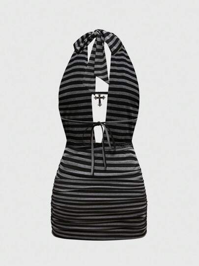 Sexy Y2K Cross Pendant Draped Neck Beaded Backless Dress, Summer Vacation Western Wear For Women