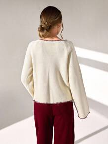 CLARA VERO Elegant V Neck Contrast Color Bow Tie Front Flare Sleeve Sheperd Hand Made Stitched Cardigan Tie Front Sweater,Cardigans For Women,Long Cardigans Woman,Petite Cardigans,Cardigans - Apricot - View 2