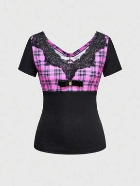 J-Fashion Lolita Style Patchwork Black Lace Decor Velvet Bow Back Rhinestone Bowknot Fitted Sexy T-Shirt