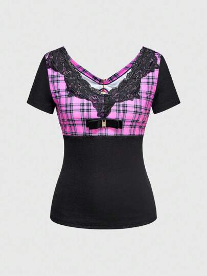 J-Fashion Lolita Stil Patchwork schwarze Spitze Dekor Samt Schleife Rückseite Strass Schleife Passgenaues Sexy T-Shirt