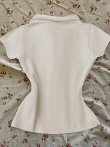 SHEIN 美式风格Polo领字母刺绣修身百搭女式T恤 - 白色 - 查看 4