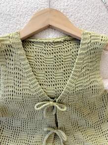 SHEIN Tween Girl Casual Versatile Knit Geometric Jacquard Bow Decor Short Sleeve Cardigan, Lime Green, Suitable For All Seasons, Girls Green Crop Top, Tween Girls Crop Vest, Crochet Crop Top, Green Knit Vest, Girls Tie Front Vest,In Fall/Winter