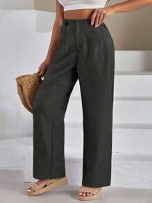 SHEIN Cottnline Women Front Two Sided Button Detailed Linen Pants - Dark Grey - View 4