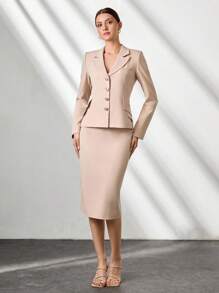 CLARA VERO Woman Solid Color Woven Elegant 2 Pieces Outfits Coords Suit Set Blazer Jacket And Midi Skirt - Beige - View 3