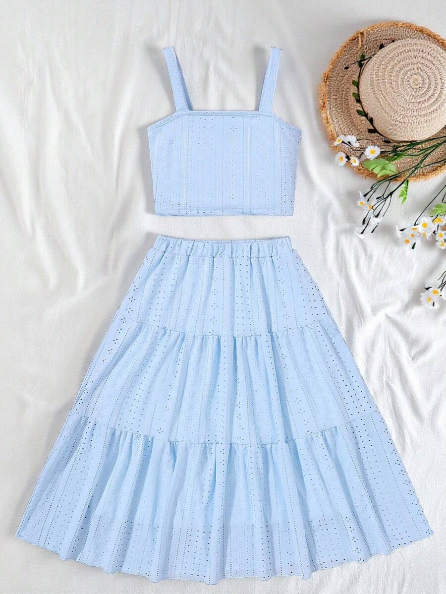 SHEIN Vintaside Kids Tween Girl Solid Knitted Jacquard Cami Dress Two-Piece Set For Summer, School, Campus, College - Baby Blue - View 1