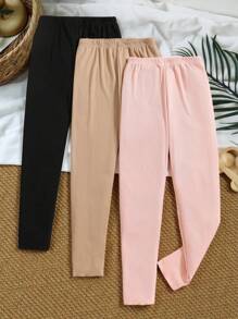 SHEIN Vintaside Kids Tween Girl Solid Color Ribbed Leggings - Multicolor - View 7