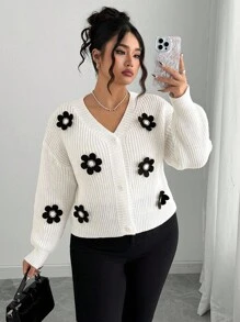 Elenzga Áo len cardigan tay dài cổ chữ V họa tiết hoa Pháp cỡ lớn màu trắng, ngọt ngào và sang trọng, mùa xuân/thu - trắng - Xem 3