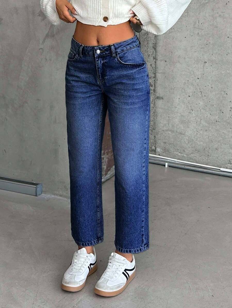 EURMUSE 低腰斜口袋雪花洗直筒牛仔裤 - 深色水洗藍 - 查看 1