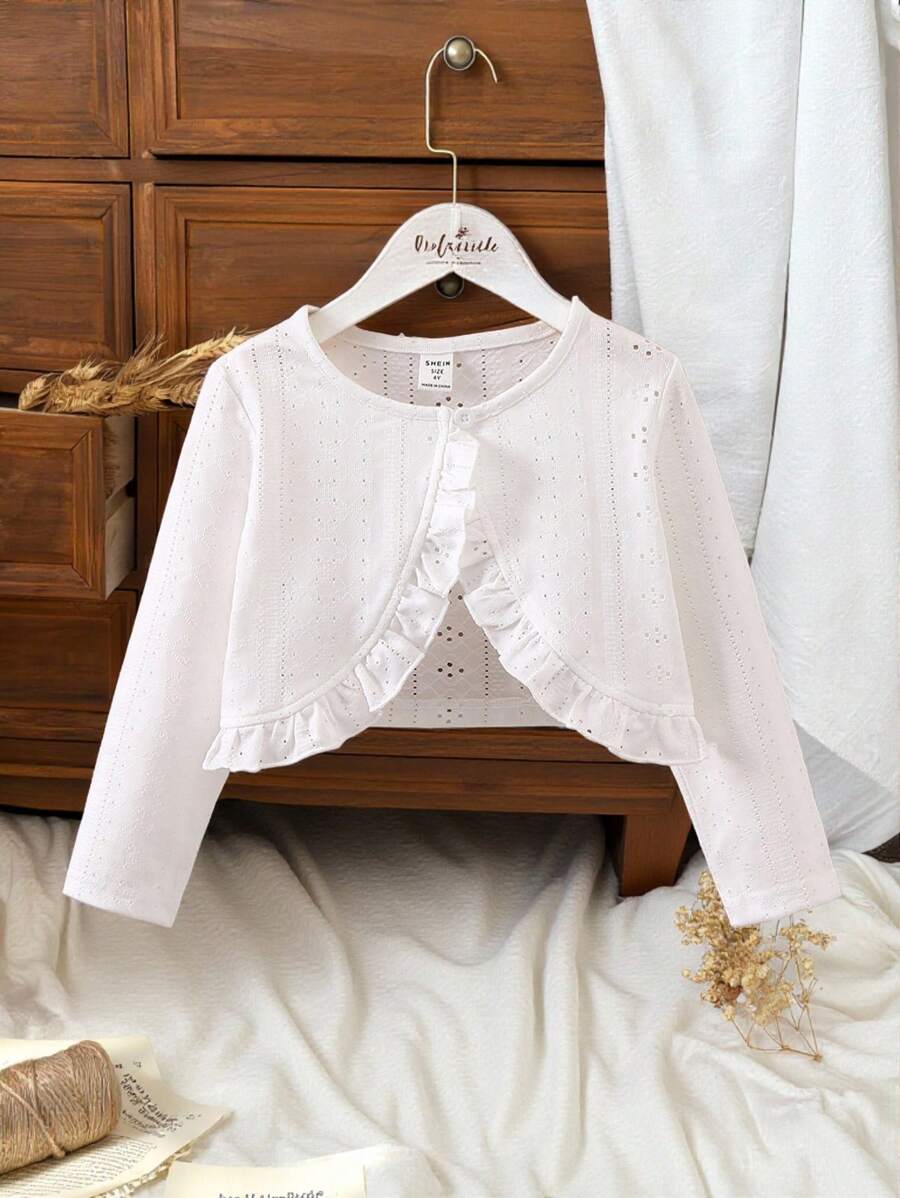SHEIN Vintaside Kids Young Girl Ruffle Trim Eyelet Embroidery Crop Jacket,Holiday,Summer,Travel - White - View 1