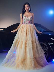 Glamrae Váy xẻ tà gợi cảm nhiều màu ren thêu sequins hoa xếp lớp xếp nếp viền lớn sang trọng thanh lịch, thích hợp cho đám cưới, tiệc tùng, vũ hội, kỳ nghỉ, tiệc tối (được trang trí nhiều) - Màu Khaki - Xem 2