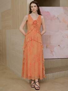 MOTF PREMIUM VESTIDO CON VOLANTES FLORALES ESTÉREO - Naranja - Ver 1