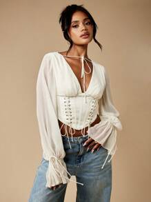 MISSGUIDED 优雅紧身胸衣上衣长泡泡袖雪纺衬衫维多利亚摄政风格文艺复兴婚礼伴娘节日度假波西米亚风农民上衣 - 杏色 - 查看 1