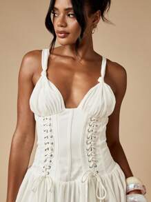 MISSGUIDED Lace Up Corset Mini Dress Waterfall Ruffle Hem Chiffon Layered Wedding Guest Reception Summer Spring Elegant Bridal Shower Party - White - View 5