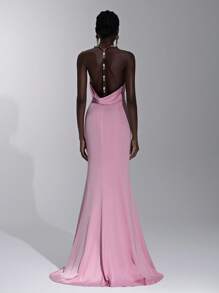 Elitara Vestido de satén tipo sirena maxi con espalda descubierta, elástico, con pliegues y cadena de perlas, elegante, lujoso y sexy, apto para boda, fiesta de solteros, vacaciones, eventos formales, soirée - Rosa - Ver 3