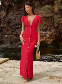 Vestido largo con cuello en V profundo y botones frontales para mujer