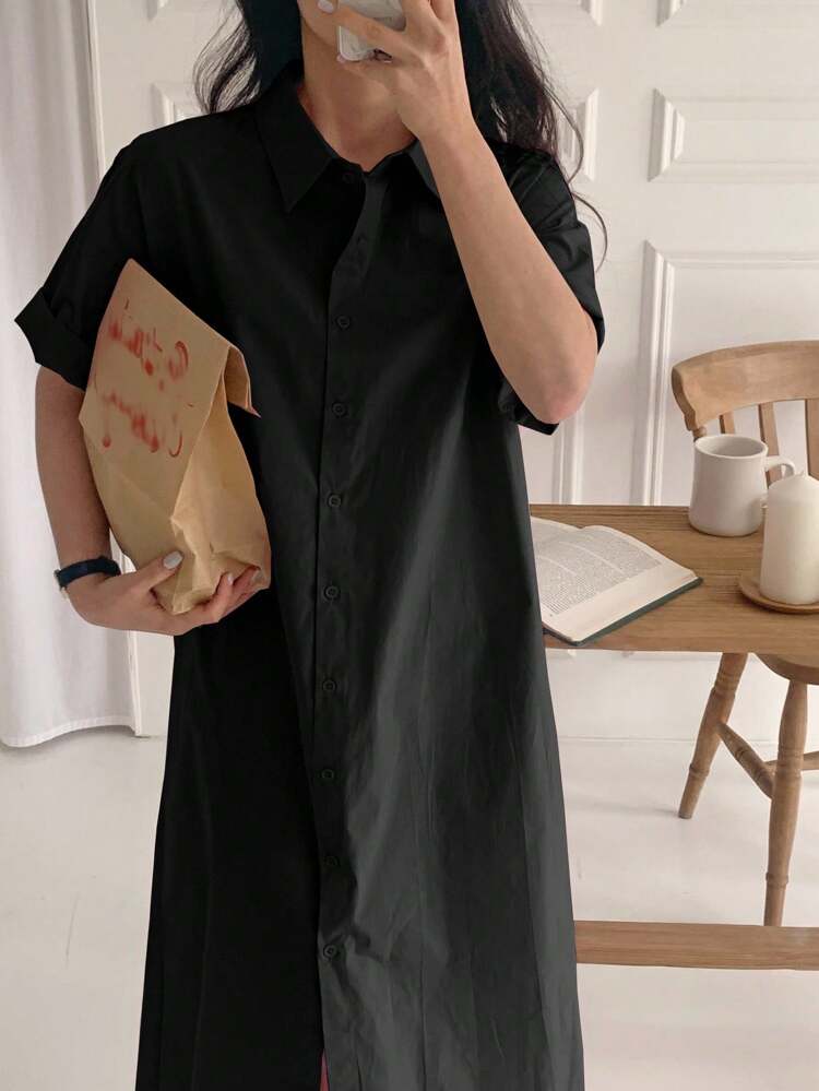 Women's Loose Short Sleeve Mid-Length Shirt Dress Maxi Dress
