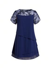Ellevyn Váy voan xếp nếp nhiều lớp, cổ và tay áo cỡ lớn, đính sequin, màu xanh đậm, váy cho mẹ cô dâu, mùa hè, thời trang cho mùa hè - Màu xanh hải quân - Xem 7