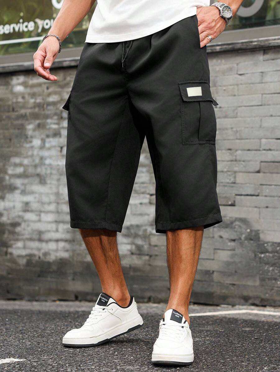 Manfinity Homme Men's Drawstring Waist Wide Leg Loose Casual Cargo 3/4 Pants - Black - View 1