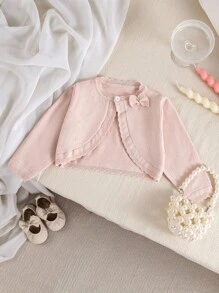 Souflis Souflis Baby Girls Knitted Cardigans, Long Sleeve, Comfy, Elegant Plain Color Bow Design Short Shawl Outerwear, Fashionable, Cute, Chic, Versatile, Suitable For Spring/Autumn, Indoor, Outdoor, Vacation - Pink - View 4