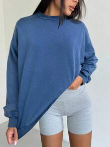 LYSMO 女式圆领落肩长袖羊毛运动衫，秋季，长袖上衣 - 藍色 - 查看 4