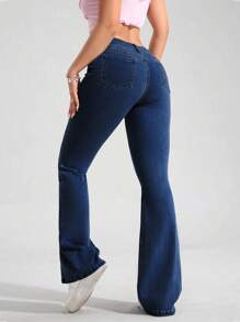 SHEIN PETITE 女式休闲街头风格前缝喇叭牛仔裤（不含腰带） - 深色水洗藍 - 查看 2