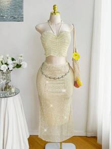 Comfortcana 加大码春季亮片腰链长裙，带褶皱，适合浪漫度假派对 - 米色 - 查看 4