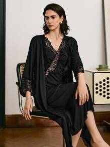 Mature & Elegant Lace Patchwork Sexy Women's Pajama Set, Fall Clothes - Black - View 3