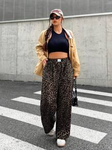 SHEIN EZwear Plus Size Women Leopard Print Woven Fabric Casual Everyday Commuting Versatile Fashion High Waisted Wide Leg Pants With Pockets, Loose Fit Leopard Print Pants Leopard Pants Animal Print Pants Pattern Pants Cheetah Pants,Fall Clothes For Women - Brown - View 5