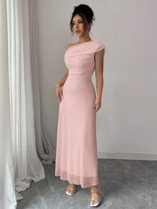 Modelyn 女士优雅法式网眼不对称肩部褶饰拼布下摆连衣裙，优雅 - 粉色 - 查看 6