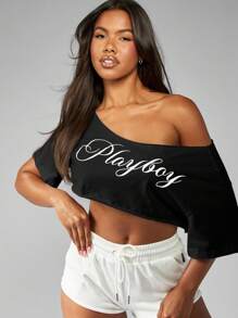 Missguided x Playboy 露肩文字标志短款上衣女式长袖时尚镂空设计时尚休闲春夏秋季街头服饰 - 黑與白 - 查看 3