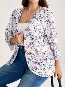 Comfylo 大码女式度假碎花前开 3/4 袖休闲夹克波西米亚风格女装商务休闲女装曲线休闲日常穿着，浪漫优雅，日常通勤和户外必备，通勤，极简主义，假日优雅装扮，假日装扮女装秋冬 - 彩色 - 查看 7