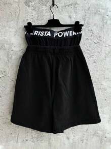 ROMWE MEN Street Life 男士休闲图案印花水洗雪花短裤，双腰带效果，街头风格 - 黑色 - 查看 2