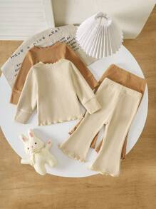 SHEIN Bộ 4 món/2 bộ đồ liền thân màu trơn thời trang xuân thu cho bé gái, áo dài tay và quần dài - Nhiều màu - Xem 2
