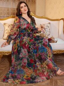 Modelyn 全新奢华优雅高端长款裹身裙，宽下摆，V 领，长袖