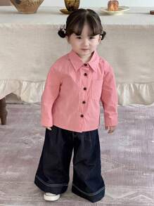 Dazy Kids Baby Girl Solid Color Long Sleeve Single-Breasted Casual Pocket Top,Toddler Fall Clothes - Pink - View 7
