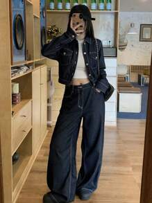 DAZY 韩版女式休闲衬衫和阔腿牛仔裤套装