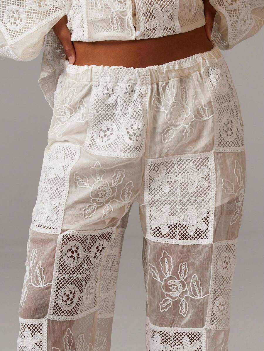 Athîral Women's Sheer Patchwork Effect Trousers, Vacation Bridal Pants - Apricot - View 1