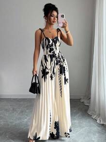 Elenzga Elegant Printed Sleeveless Ruched Waist Romper For Women