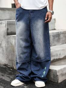 Manfinity Roghcode 宽松美式休闲印花硬质牛仔裤 - 藍色 - 查看 6