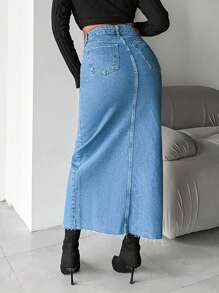 EURMUSE Split Thigh Denim Skirt - Blue - View 2