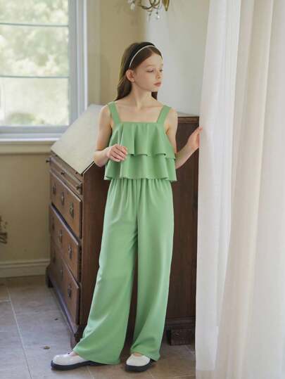 SHEIN Vintaside Kids 青少女純色荷葉邊腰帶連身褲，直筒款式