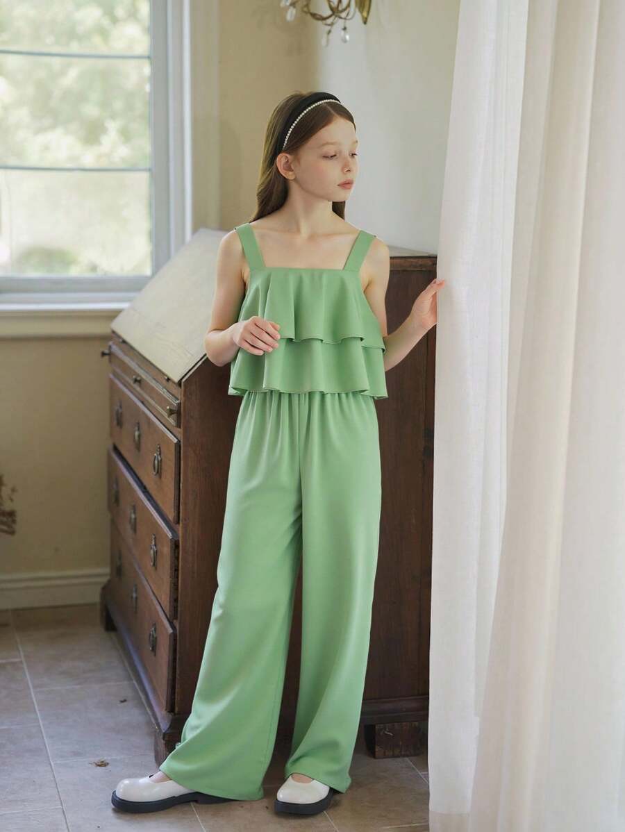 SHEIN Vintaside Kids Tween Girl Solid Color Ruffle Detail Belted Jumpsuit With Straight Leg Summer Holiday - Green - View 1