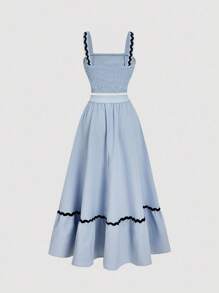 SHEIN MOD 2 Pieces Vacation Set: Sleeveless Top & Long Skirt, Contrast Color Navy - Blue - View 2