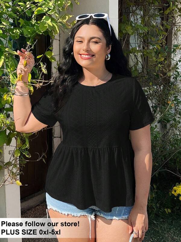 Solflare Black Embroidery Hollow Out Plus Size T-Shirt, Fashionable For Summer
