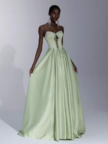 Elitara 优雅奢华深绿色缎面手工蝴蝶结露肩腰部镂空设计系带细节褶皱超大喇叭长款女士正式晚礼服 - 綠色 - 查看 8