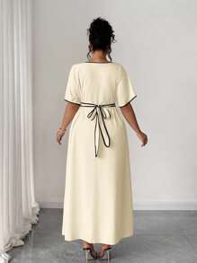 Elenzga 大码女式优雅 V 领纽扣腰带撞色休闲中长连衣裙 - 杏色 - 查看 2